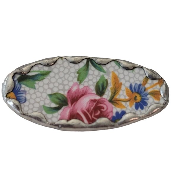Rose Leaves Pottery Shard Oval Brooch Pin E651 - Picture 8 of 8